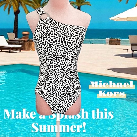 NWT Michael Kors Chain Ring One Shoulder One Piece Swimsuit Animal Print Dot 10 - Picture 1 of 9
